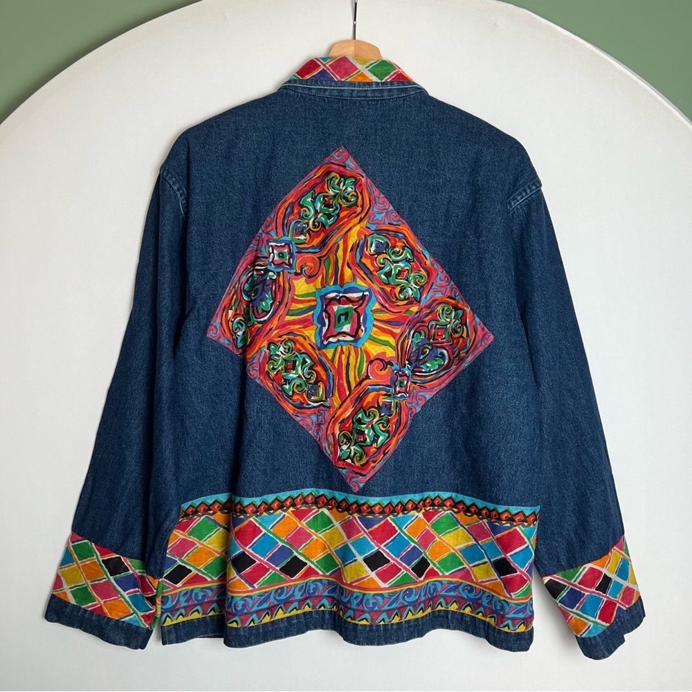 New Directions Vintage 90s Y2K Denim Jacket Multicolor Print Flower Button Up M - Picture 2 of 6